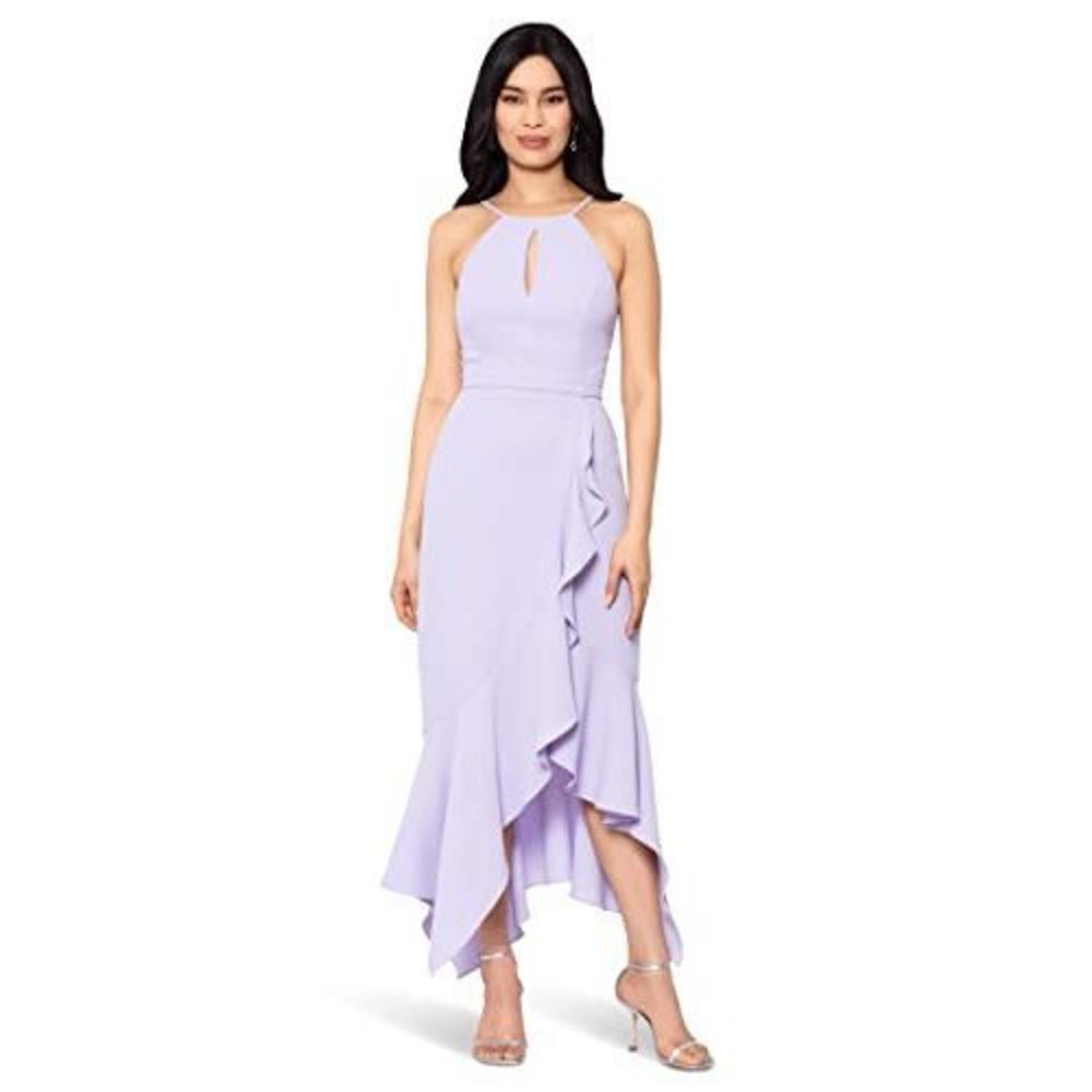 Xscape Midi Scuba Crepe Asymmetric Flounce Dress Lavender 12